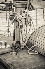 Image showing Blocks and rigging of an old sailboat, close-up  