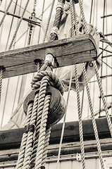 Image showing Blocks and rigging of an old sailboat, close-up  