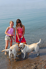 Image showing Two girls playing with dogs