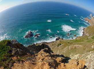 Image showing Fisheye view of rocky sea coast at Cabo Da Roca, Portugal