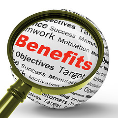 Image showing Benefits Magnifier Definition Means Advantages Or Monetary Bonus