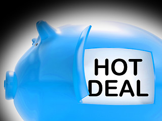 Image showing Hot Deal Piggy Bank Message Means Best Price And Quality