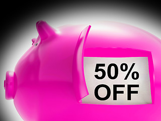 Image showing Fifty Percent Off Piggy Bank Message Shows 50 Price Cut