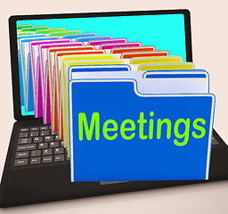 Image showing Meetings Folders Laptop Means Talk Discussion Or Conference