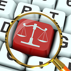 Image showing Scales Of Justice Key Magnified Means Law Trial