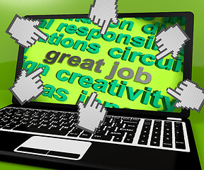 Image showing Great Job Laptop Screen Shows Awesome Work And Positive Feedback