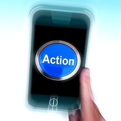 Image showing Action In Mobile phone Shows Inspired Activity