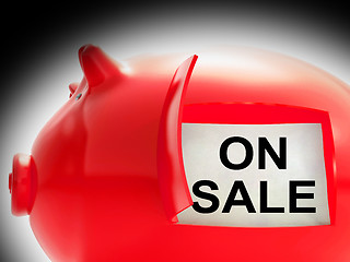 Image showing On Sale Piggy Bank Message Shows Discounts And Promotion