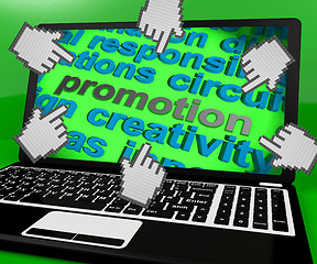 Image showing Promotion Laptop Screen Shows Marketing Campaign Or Promo