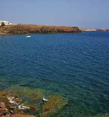 Image showing coastline lanzarote  in spain musk pond beach  water yacht boat 