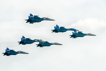 Image showing Military fighters SU-27 at demonstrative flight