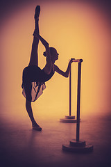 Image showing The young ballerina stretching on the bar 