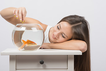 Image showing A young girl looks at a goldfish in a fishbowl and feeds her