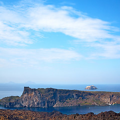 Image showing volcanic land in europe santorini greece sky and mediterranean s