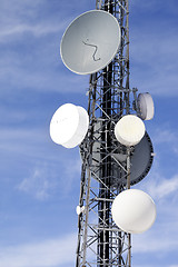 Image showing Satellite dishes against blue sky