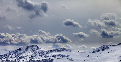 Image showing Panoramic view on mountains in evening and cloudy sky