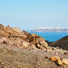 Image showing volcanic land in europe santorini greece sky and mediterranean s