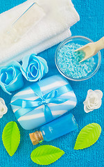 Image showing sea salt,soap and oil