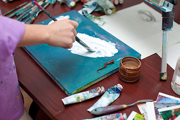 Image showing Artist\'s hand close-up on the background of palette 