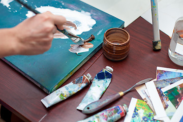 Image showing Artist\'s hand close-up on the background of palette 