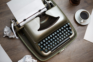 Image showing Old typewriter, paper, coffee