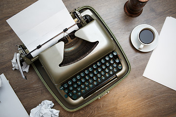 Image showing Old typewriter, paper, coffee