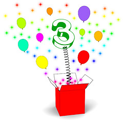 Image showing Number Three Surprise Box Means Celebration And Colourful Balloo