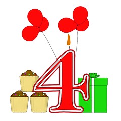 Image showing Number Four Candle Means Multi Coloured Decorations Or Birthday 