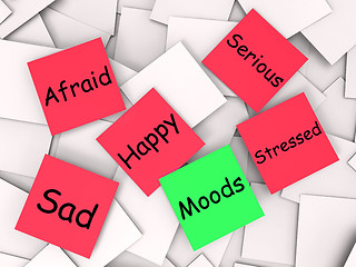 Image showing Moods Post-It Note Means Happy Sad Stressed Afraid