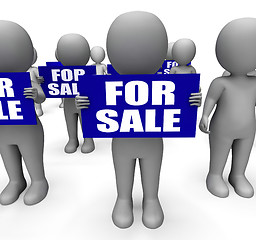 Image showing Characters Holding For Sale Signs Mean On Sale Goods