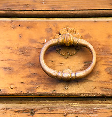 Image showing  varese   brass brown knocker in a   closed wood door venegono i