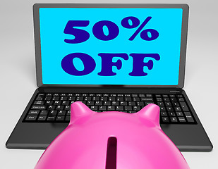 Image showing Fifty Percent Off Laptop Means Web Sale Price Reduced 50