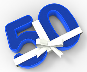 Image showing Number Fifty With Ribbon Shows Fiftieth Birthday Celebration Or 