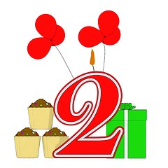 Image showing Number Two Candle Means Party Decoration And Balloons