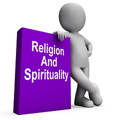 Image showing Religion And Spirituality Book With Character Shows Religious Sp