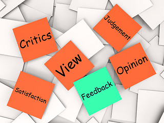 Image showing Feedback Post-It Note Shows Judgement And Review