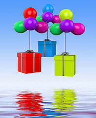Image showing Balloons With Presents Displays Birthday Party Or Colourful Gift