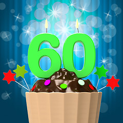 Image showing Sixty Candle On Cupcake Means Sixtieth Birthday Anniversary