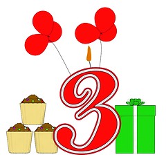 Image showing Number Three Candle Shows Birthday Presents And Cupcakes