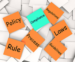 Image showing Compliance Post-It Note Shows Following Rules And Regulations