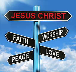 Image showing Jesus Christ Signpost Means Faith Worship Peace And Love