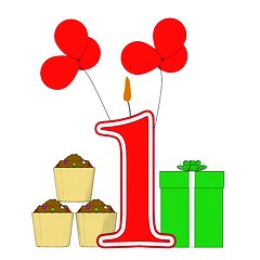 Image showing Number One Candle Shows One Year Birthday Party Or Celebration