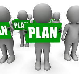 Image showing Characters Holding Plan Signs Show Objectives And Plans