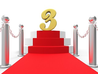 Image showing Golden Three On Red Carpet Means Shiny Stage Or Anniversary Part