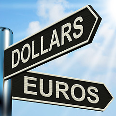 Image showing Dollars Euros Signpost Shows Foreign Currency Exchange