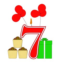 Image showing Number Seven Candle Shows Cupcakes Balloons And Presents