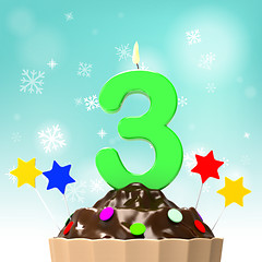 Image showing Three Candle On Cupcake Shows Toddler Birthday Party Or Celebrat