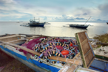 Image showing Tropical fishing boat in sunset