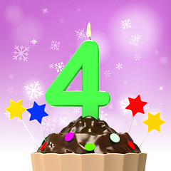 Image showing Four Candle On Cupcake Shows Colourful Sprinkles And Desserts