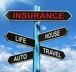 Image showing Insurance Signpost Means Life House Auto And Travel
